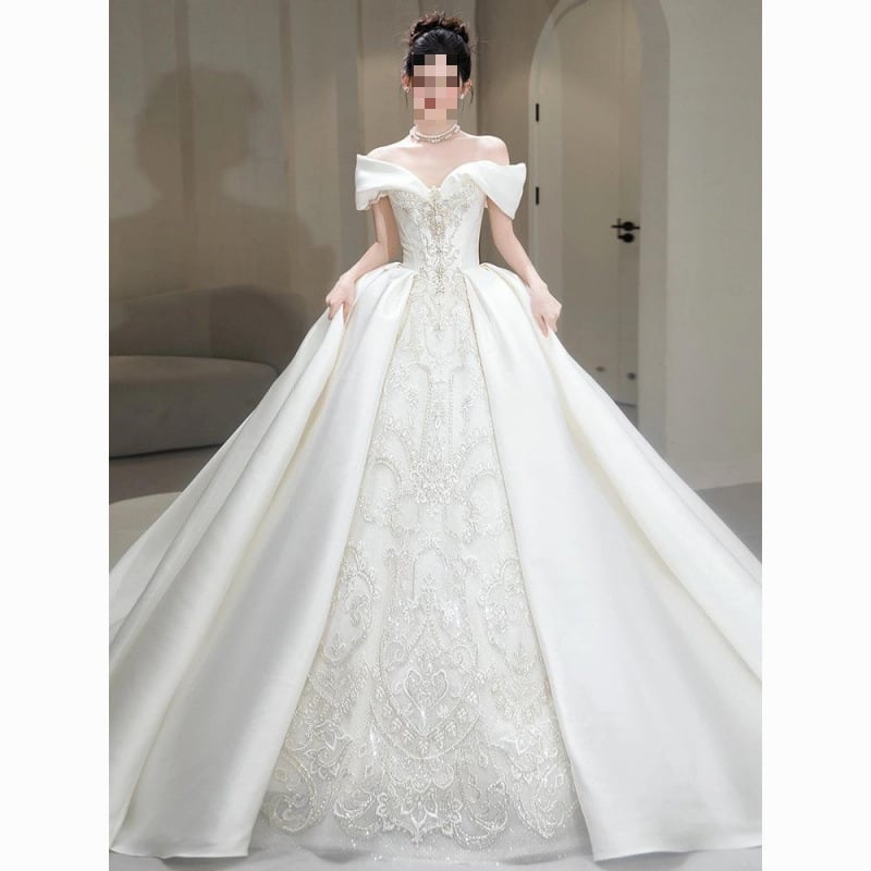 Rochie de mireasă în stil franțuzesc cu umăr gol, din satin, cu farmec de prințesă și lux, potrivită pentru femei însărcinate și mărimi mici