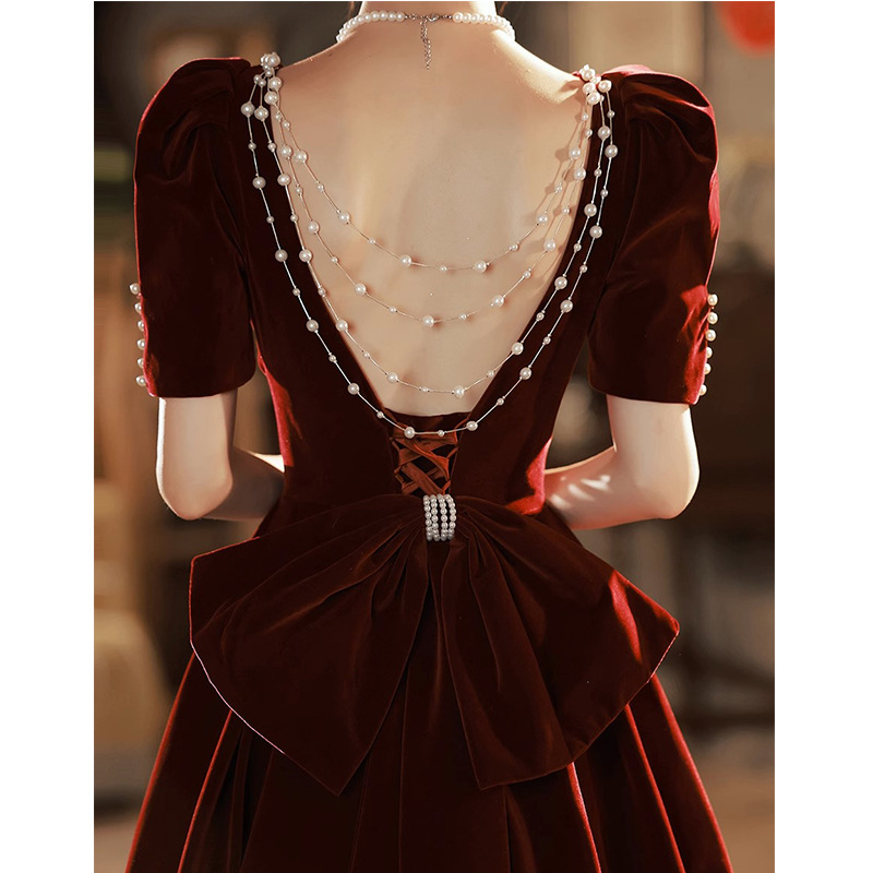 Rochie de mireasă din catifea pentru recepția nunții, pentru mireasă de mică statură, stil franțuzesc, rochie de logodnă prințesă cu fustă bufantă