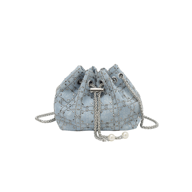 Geantă bucket din denim pentru femei, cu lanț, elegantă și luxoasă, purtare zilnică, vară 2025