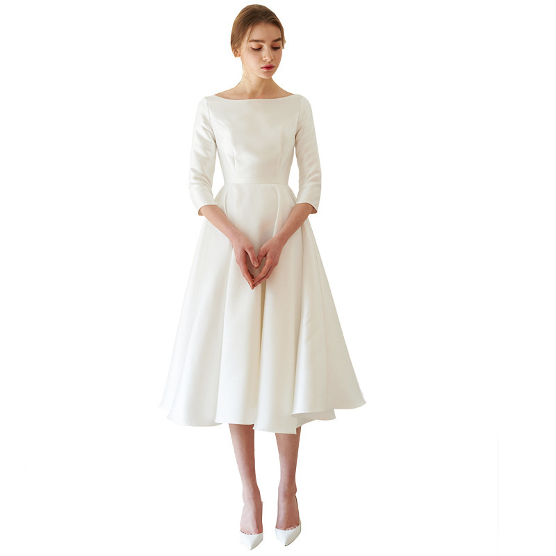 Rochie de mireasă din satin alb, cu un umăr, mâneci lungi, lungime medie, ușoară, pentru mireasă, ședință foto în aer liber