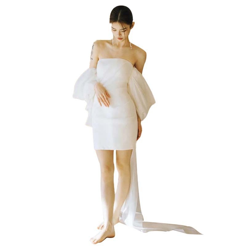 Rochie de mireasă scurtă, ușoară, pentru siluetă mini, top tubular, umăr unic, țesătură din gază, croi în A, alb