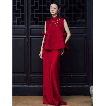Set roșu de cheongsam în stil chinezesc pentru mireasă, pentru logodnă și nuntă, 2026 de înaltă calitate