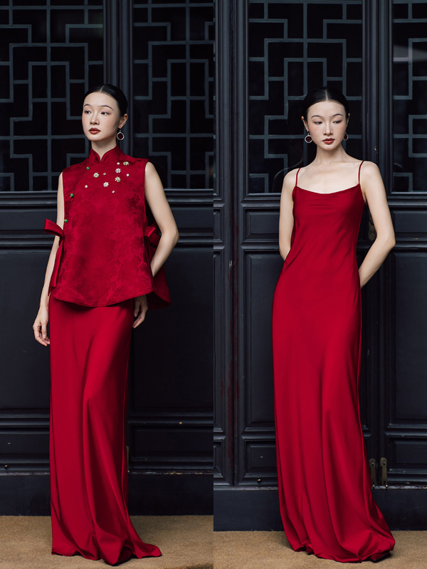Set roșu de cheongsam în stil chinezesc pentru mireasă, pentru logodnă și nuntă, 2026 de înaltă calitate