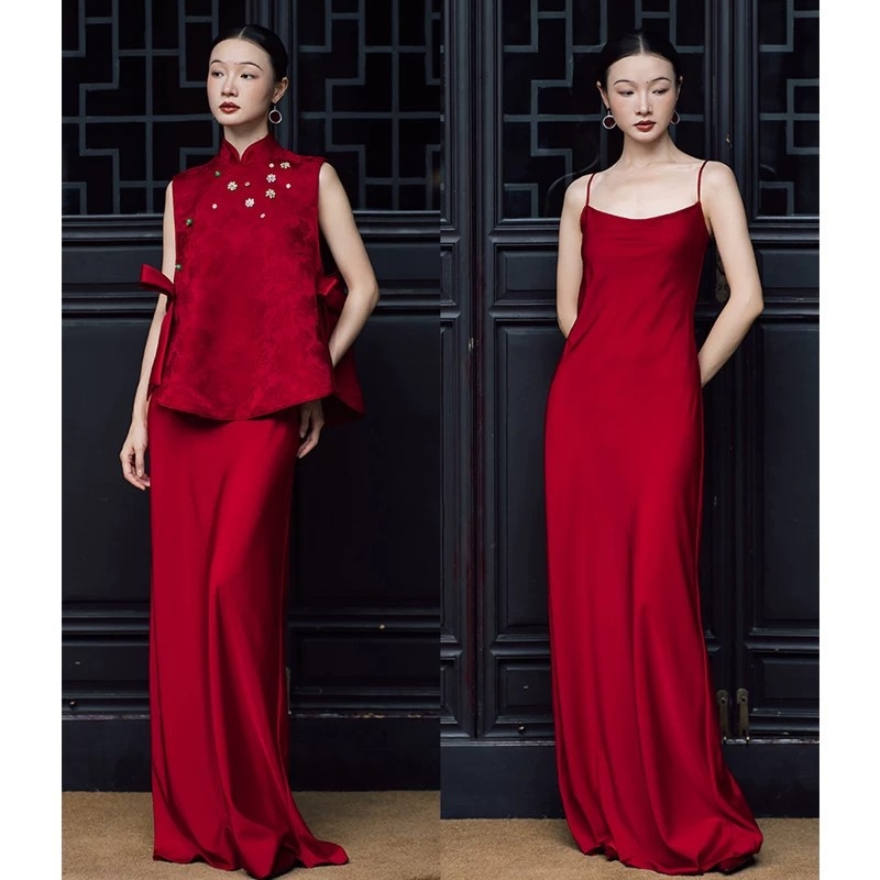 Set roșu de cheongsam în stil chinezesc pentru mireasă, pentru logodnă și nuntă, 2026 de înaltă calitate