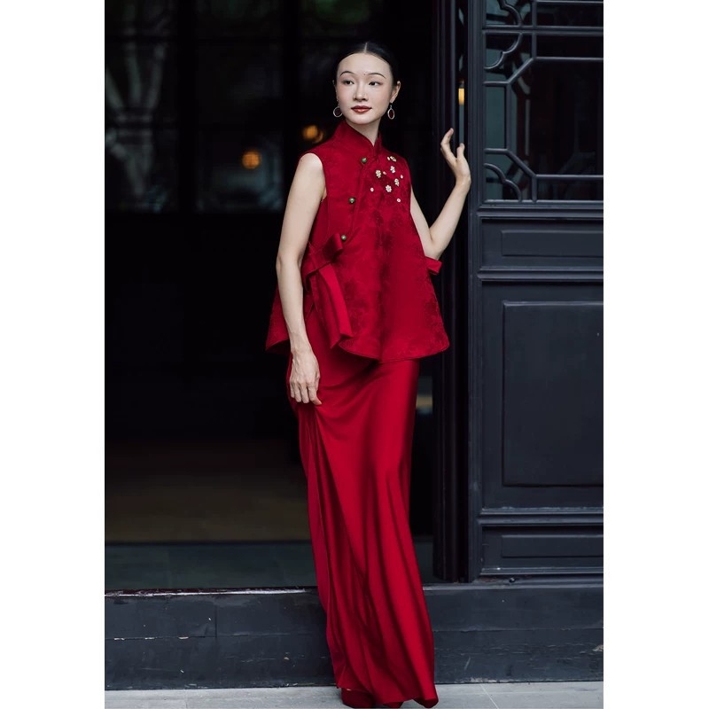 Set roșu de cheongsam în stil chinezesc pentru mireasă, pentru logodnă și nuntă, 2026 de înaltă calitate