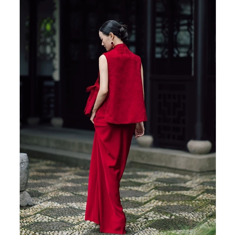 Set roșu de cheongsam în stil chinezesc pentru mireasă, pentru logodnă și nuntă, 2026 de înaltă calitate