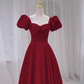 Rochie roșie din satin, stil francez pentru logodnă, lungă rochie de seară de mireasă pentru vară