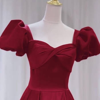 Rochie roșie din satin, stil francez pentru logodnă, lungă rochie de seară de mireasă pentru vară