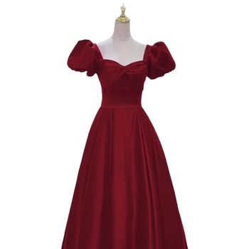 Rochie roșie din satin, stil francez pentru logodnă, lungă rochie de seară de mireasă pentru vară