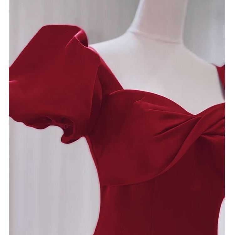 Rochie roșie din satin, stil francez pentru logodnă, lungă rochie de seară de mireasă pentru vară