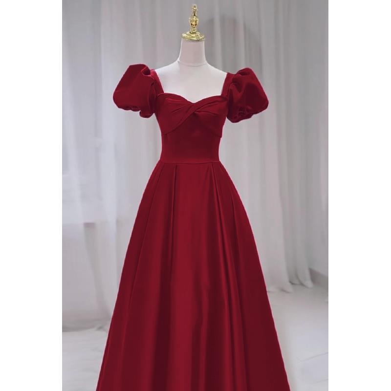Rochie roșie din satin, stil francez pentru logodnă, lungă rochie de seară de mireasă pentru vară