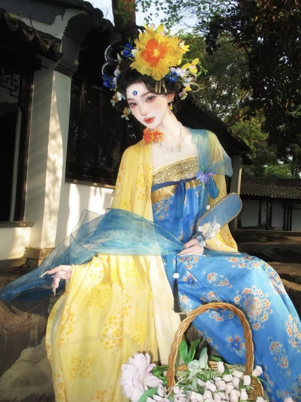 Agrafa florală pentru păr în stil Hanfu Tang, ruqun cu mâneci largi, ansamblu primăvară-vară