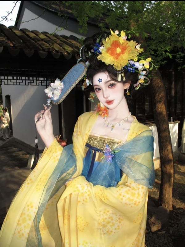 Agrafa florală pentru păr în stil Hanfu Tang, ruqun cu mâneci largi, ansamblu primăvară-vară