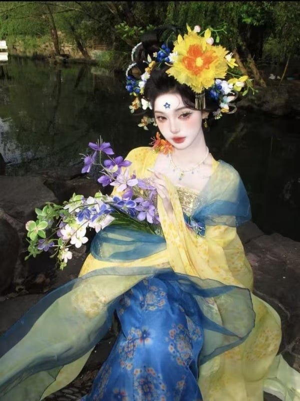 Agrafa florală pentru păr în stil Hanfu Tang, ruqun cu mâneci largi, ansamblu primăvară-vară