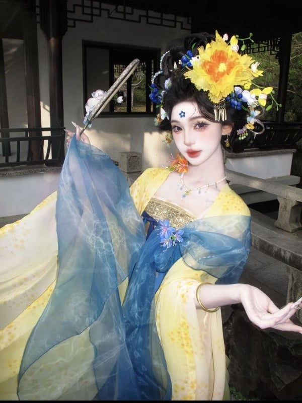 Agrafa florală pentru păr în stil Hanfu Tang, ruqun cu mâneci largi, ansamblu primăvară-vară