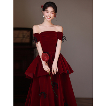 Rochie de seară din catifea, cu umăr unic, pentru recepție, rochie roșie lungă cu fundă, stil 2026, primăvară