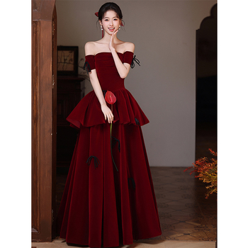 Rochie de seară din catifea, cu umăr unic, pentru recepție, rochie roșie lungă cu fundă, stil 2026, primăvară