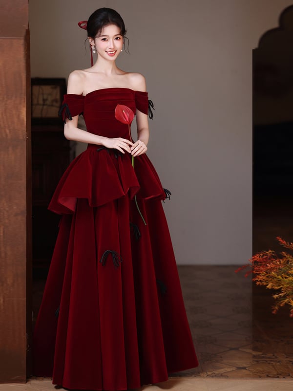 Rochie de seară din catifea, cu umăr unic, pentru recepție, rochie roșie lungă cu fundă, stil 2026, primăvară