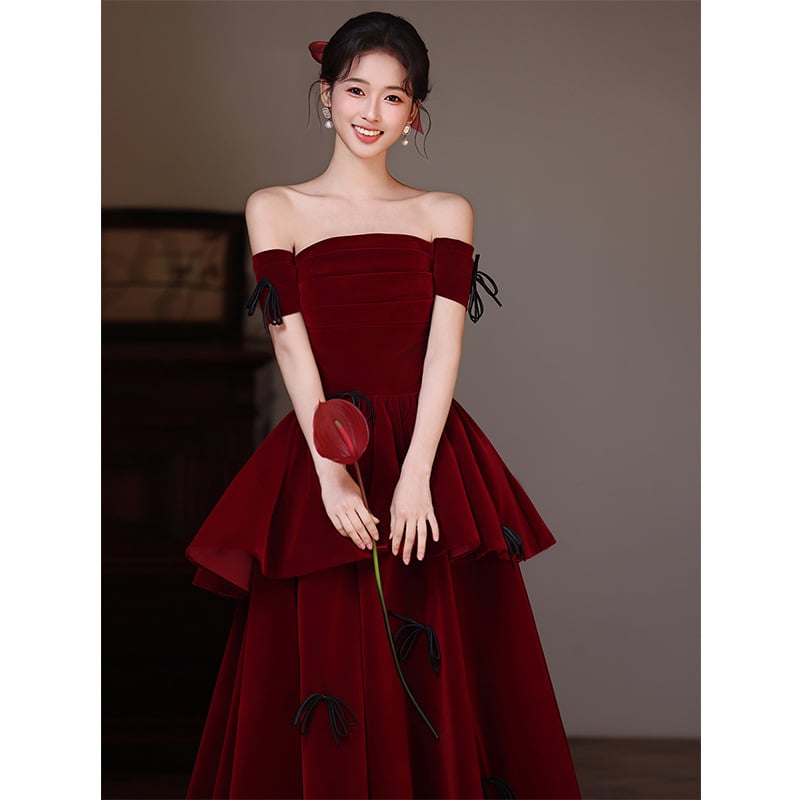 Rochie de seară din catifea, cu umăr unic, pentru recepție, rochie roșie lungă cu fundă, stil 2026, primăvară