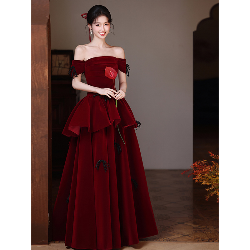 Rochie de seară din catifea, cu umăr unic, pentru recepție, rochie roșie lungă cu fundă, stil 2026, primăvară