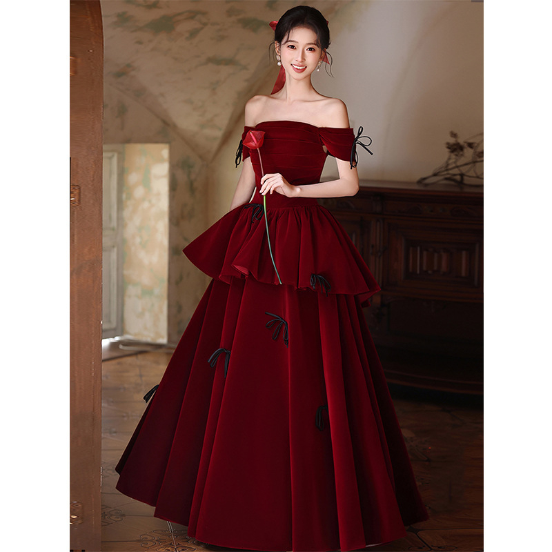 Rochie de seară din catifea, cu umăr unic, pentru recepție, rochie roșie lungă cu fundă, stil 2026, primăvară
