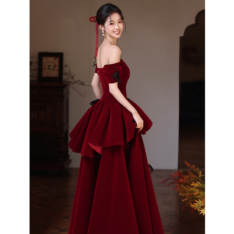 Rochie de seară din catifea, cu umăr unic, pentru recepție, rochie roșie lungă cu fundă, stil 2026, primăvară