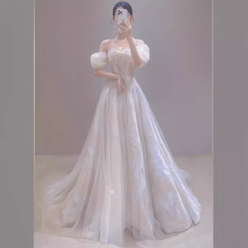Rochie de seară fără bretele inspirată de zâne, pentru logodnă și nuntă; croială elegantă, lungă