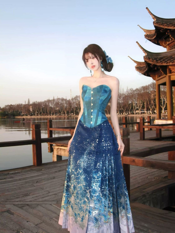 Fustă cu model de valuri ale mării, broderie florală cu fire de aur, croială din dublă țesătură, stil inspirat de dopamină, Hanfu în stil chinezesc nou