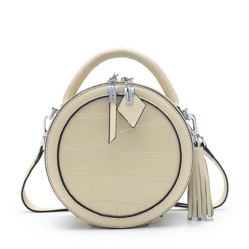 Geantă mică rotundă din piele naturală pentru femei, curea crossbody, imprimeu crocodil, piele de vițel de primă calitate
