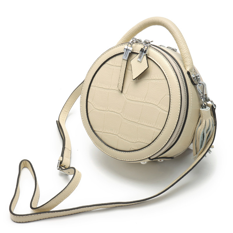 Geantă mică rotundă din piele naturală pentru femei, curea crossbody, imprimeu crocodil, piele de vițel de primă calitate