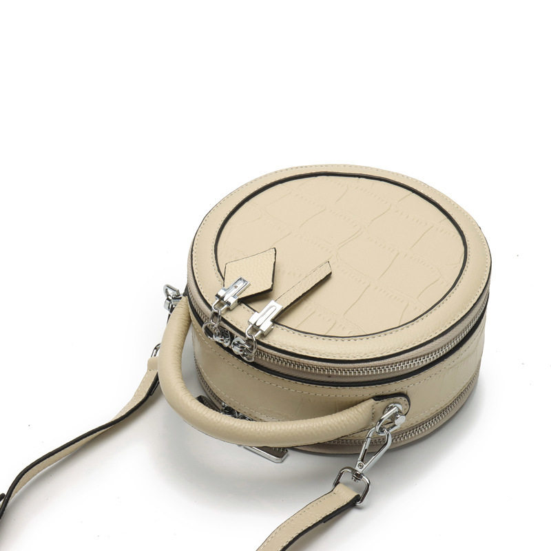 Geantă mică rotundă din piele naturală pentru femei, curea crossbody, imprimeu crocodil, piele de vițel de primă calitate