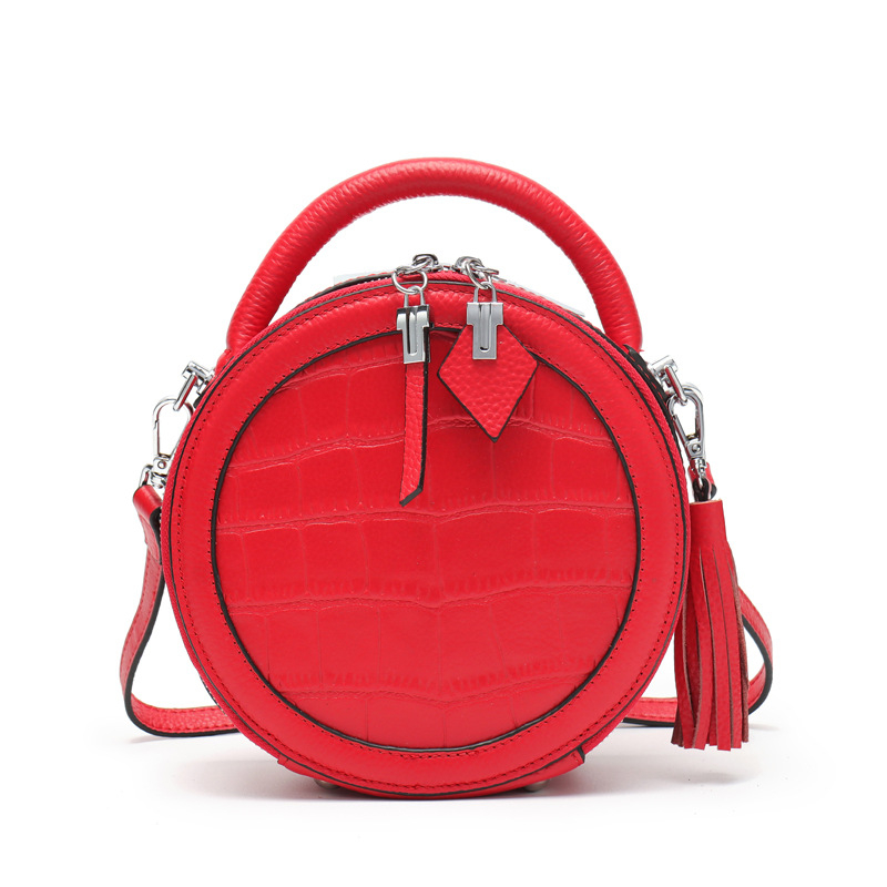 Geantă mică rotundă din piele naturală pentru femei, curea crossbody, imprimeu crocodil, piele de vițel de primă calitate