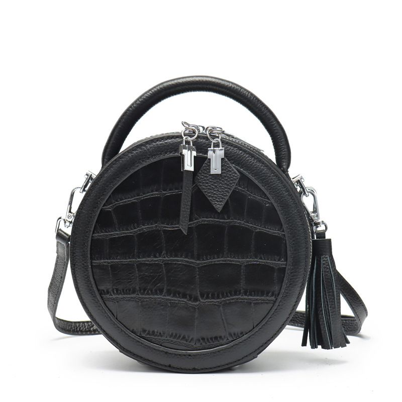 Geantă mică rotundă din piele naturală pentru femei, curea crossbody, imprimeu crocodil, piele de vițel de primă calitate