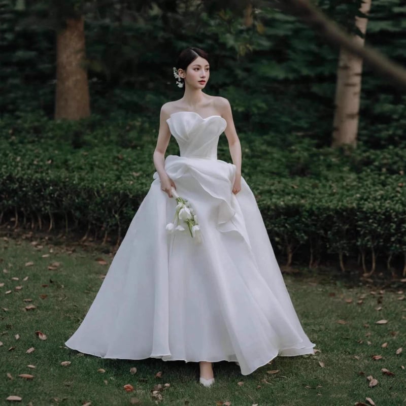 Rochie de mireasă fără bretele din satin, 2026 stil nou, elegantă rochie albă lungă cu talie înaltă pentru nuntă și ședințe foto