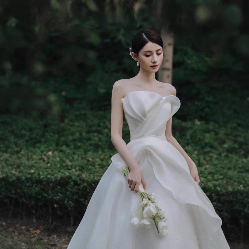 Rochie de mireasă fără bretele din satin, 2026 stil nou, elegantă rochie albă lungă cu talie înaltă pentru nuntă și ședințe foto