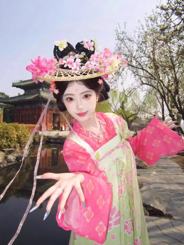 Hanfu în stil Tang, imprimeu Jacquard floral îmbunătățit, top Hanfu tradițional, fustă Hanfu, ținută de inspirație antic pentru fotografie de călătorie