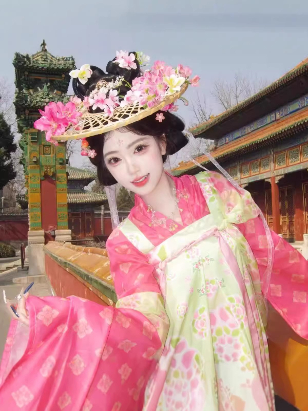 Hanfu în stil Tang, imprimeu Jacquard floral îmbunătățit, top Hanfu tradițional, fustă Hanfu, ținută de inspirație antic pentru fotografie de călătorie