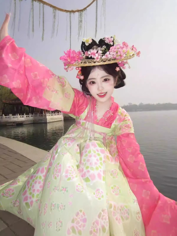 Hanfu în stil Tang, imprimeu Jacquard floral îmbunătățit, top Hanfu tradițional, fustă Hanfu, ținută de inspirație antic pentru fotografie de călătorie