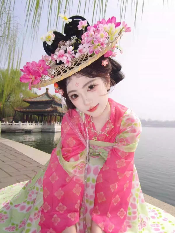 Hanfu în stil Tang, imprimeu Jacquard floral îmbunătățit, top Hanfu tradițional, fustă Hanfu, ținută de inspirație antic pentru fotografie de călătorie