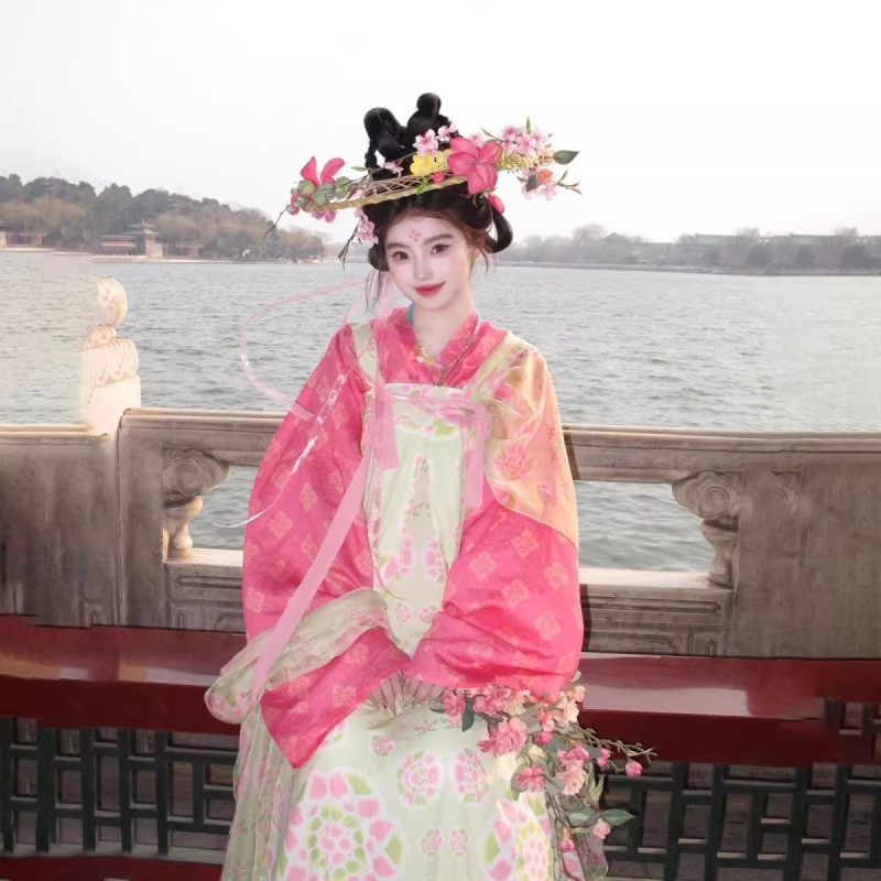 Hanfu în stil Tang, imprimeu Jacquard floral îmbunătățit, top Hanfu tradițional, fustă Hanfu, ținută de inspirație antic pentru fotografie de călătorie