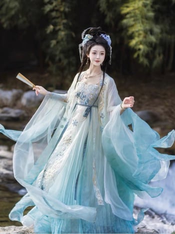 Hanfu feminin în stil Tang, broderie bogată, top cu mâneci largi și fustă Hezi într-o singură piesă, ținută zilnică primăvară-toamnă
