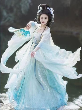 Hanfu feminin în stil Tang, broderie bogată, top cu mâneci largi și fustă Hezi într-o singură piesă, ținută zilnică primăvară-toamnă