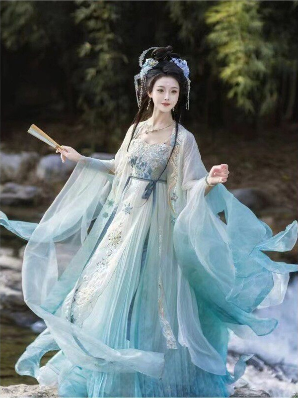 Hanfu feminin în stil Tang, broderie bogată, top cu mâneci largi și fustă Hezi într-o singură piesă, ținută zilnică primăvară-toamnă