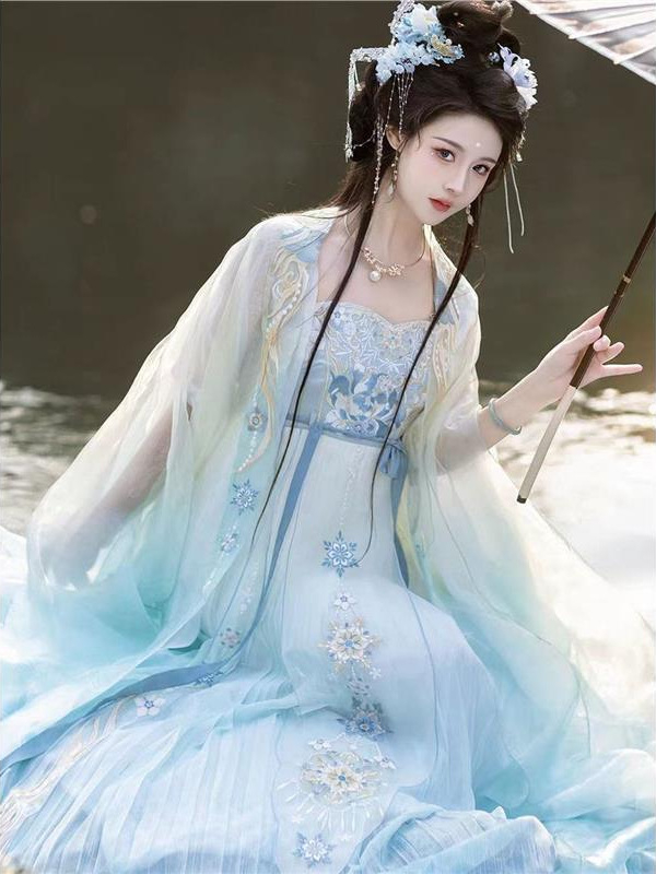 Hanfu feminin în stil Tang, broderie bogată, top cu mâneci largi și fustă Hezi într-o singură piesă, ținută zilnică primăvară-toamnă
