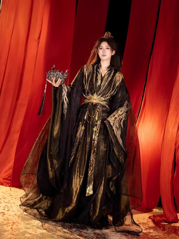 Rochie lungă neagră Hanfu pentru femei, guler înalt, broderie bogată, inspirație Xianxia, pentru toate sezoanele, mâneci largi