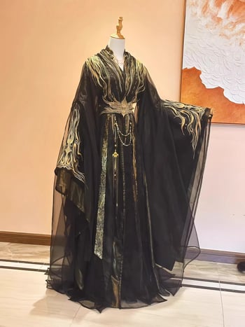 Rochie lungă neagră Hanfu pentru femei, guler înalt, broderie bogată, inspirație Xianxia, pentru toate sezoanele, mâneci largi