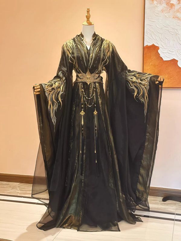 Rochie lungă neagră Hanfu pentru femei, guler înalt, broderie bogată, inspirație Xianxia, pentru toate sezoanele, mâneci largi