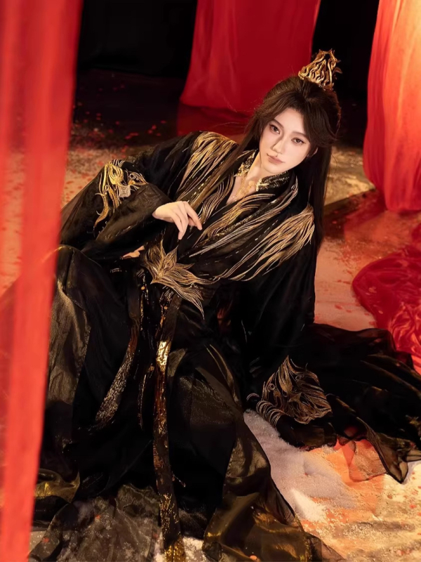Rochie lungă neagră Hanfu pentru femei, guler înalt, broderie bogată, inspirație Xianxia, pentru toate sezoanele, mâneci largi