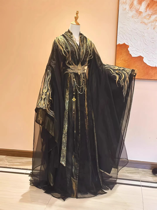 Rochie lungă neagră Hanfu pentru femei, guler înalt, broderie bogată, inspirație Xianxia, pentru toate sezoanele, mâneci largi
