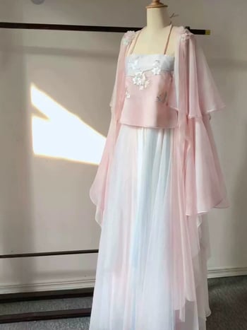 Set de costum roz Hanfu pentru femei, chiffon eteric, primăvară-vară, stil antic, ținută pentru reprezentații